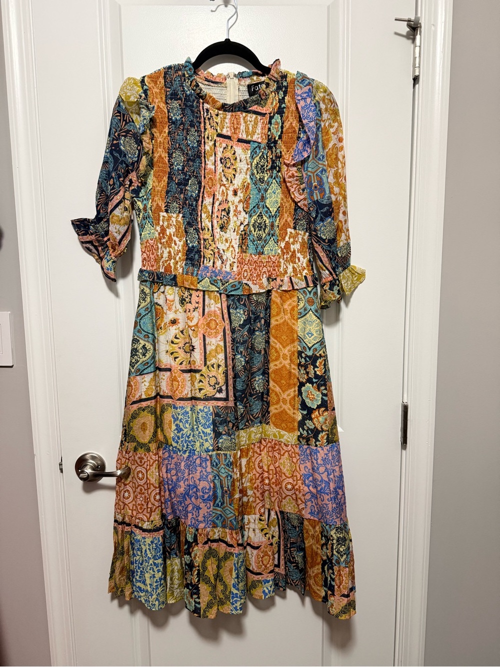 Fate Patchwork Midi Dress in Mustard, Teal & Pink